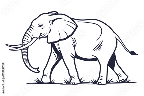 Striking black and white stylized elephant with long tusks stares intently ahead in a powerful pose