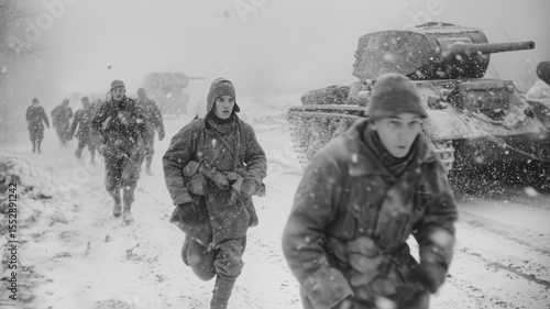 Soviet soldiers advancing through snowy Eastern Front battlefield