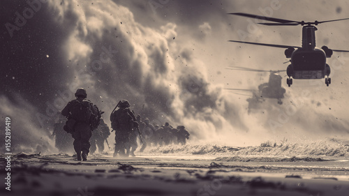 U.S. Marines storming a beach in amphibious assault