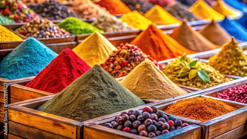 Vibrant spices stacked on a colorful wooden crate in a Moroccan market