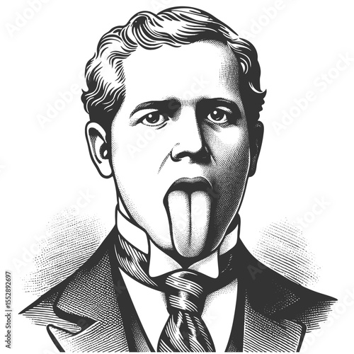 young man pulling at his bow tie and sticking out his tongue defiantly sketch engraving generative ai fictional character vector illustration. Scratch board imitation. Black and white image.
