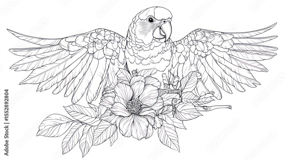 Fototapeta premium Parrot with Outspread Wings Perched Amongst Floral Arrangement, White Background