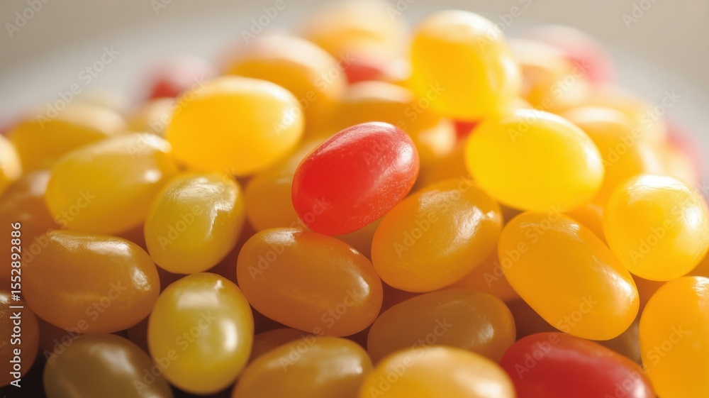 Fototapeta premium Colorful assortment of jelly beans with focus on single red candy