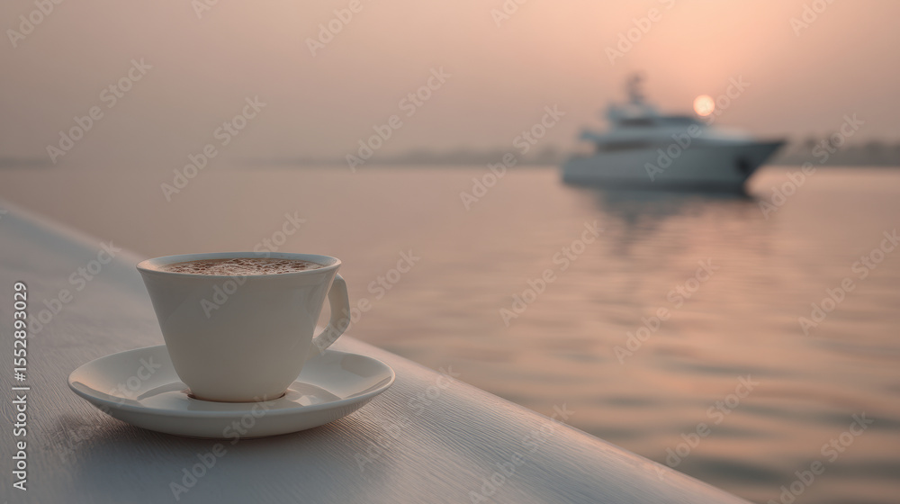 luxurious yacht on calm waters during sunrise with steaming cup of coffee on sleek table luxurious yacht on calm waters during sunrise with steaming cup of coffee on sleek table