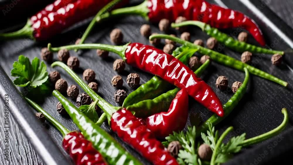 Hot Red and Green Chili Peppers with Black Peppercorns on Dark Rustic Background.