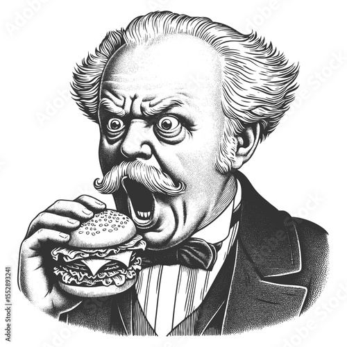 shocked Victorian gentleman about to eat a large hamburger with dramatic expression sketch engraving generative ai fictional character vector illustration. Scratch board. Black and white image.
