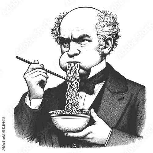 Funny wide-eyed Victorian man exaggeratedly slurping noodles from bowl with a stunned expression sketch engraving generative ai fictional character vector illustration. Scratch board. Black and white.