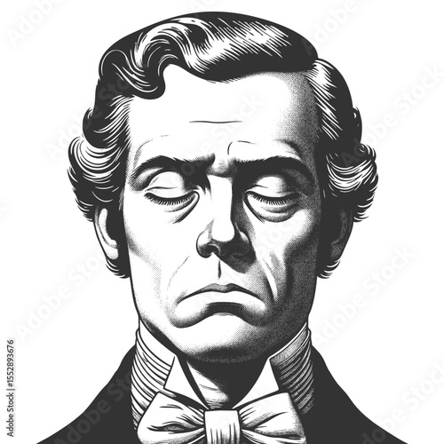 man in formal attire with eyes closed and a calm, introspective facial expression sketch engraving generative ai fictional character vector illustration. Scratch board. Black and white image.