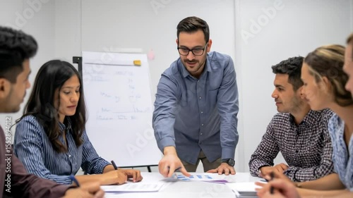 Diverse group in a business meeting, reviewing data and charts