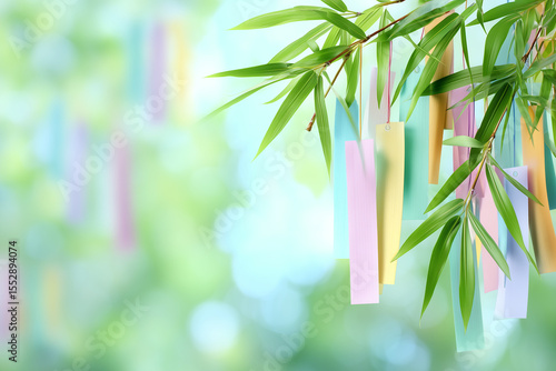 Colorful Tanzaku Strips on Bamboo Branch for Tanabata Festival  
