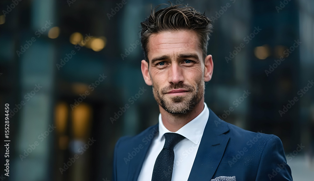 Fototapeta premium A confident businessman in a suit poses outdoors, exuding professionalism and determination in a modern urban setting.