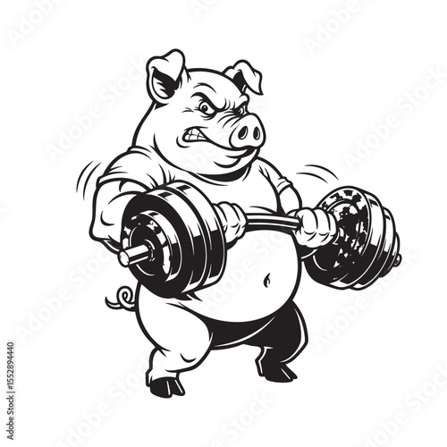 Vector of determined, muscular pig lifts a dumbbell, showcasing unexpected strength and humorous dedication.