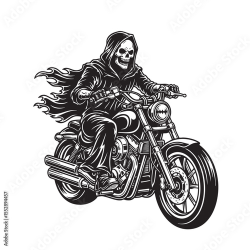 Vector of the Grim Reaper, cloaked and skeletal, powerfully rides a motorcycle with flames trailing, an iconic symbol of speed and mortality.