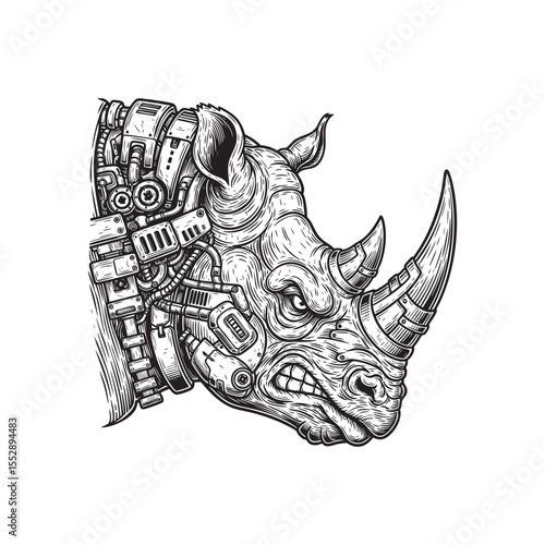 Vector of futuristic rhinoceros head with intricate robotic and mechanical elements, blending nature with advanced technology.