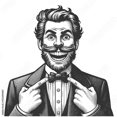 cheerful, mustached man in vintage attire, grinning widely while pointing proudly at his bow tie sketch engraving generative ai fictional character vector illustration. Scratch board. Black and white.
