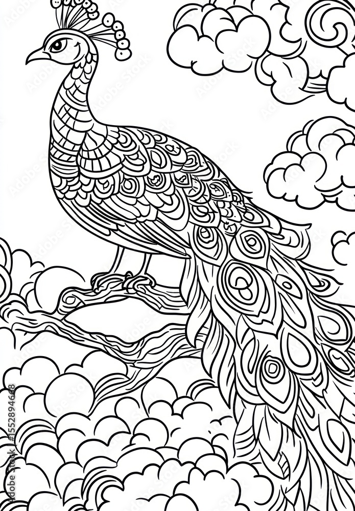 Obraz premium Ornate peacock perched on branch amidst clouds, coloring page