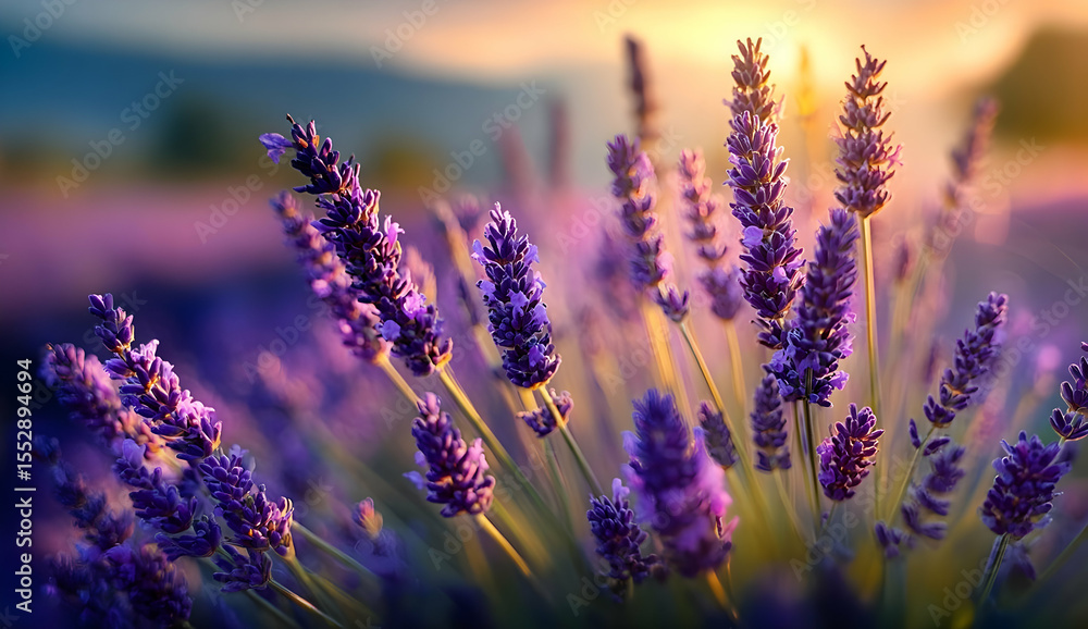 Fototapeta premium A beautiful field of lavender blooms under a soft sunset, showcasing vibrant purple hues and a tranquil atmosphere.
