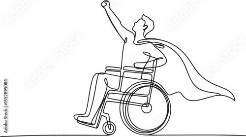 Continuous line drawing of a superhero in a wheelchair with raised arm and flowing cape, minimalist black and white vector illustration