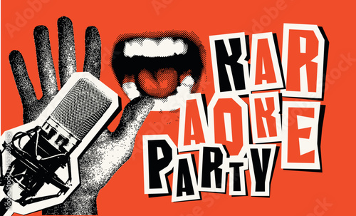 Vector poster for karaoke party in vintage style with singing mouth, hand, studio microphone and inscription. Suitable for promotional music banner, flyer, invitation, ticket. No AI used