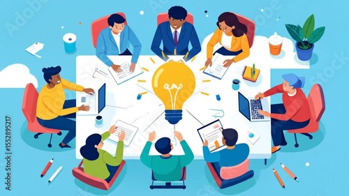 Wallpaper Mural Diverse team collaborating around a table, brainstorming and working on projects.  An overhead isometric view of a group of people in a meeting, with a lightbulb symbolizing an idea Torontodigital.ca