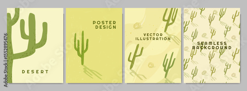 Vector illustration. Cactus hand drawn in childish style. Design elements for poster, book cover, layout, postcard, magazine, flyer. Close up view, isolated, background and seamless pattern cacti