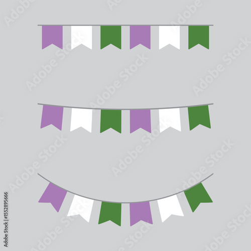 Purple, white, and green colored party bunting, as the colors of the genderqueer flag. LGBTQI concept. Flat design illustration.	