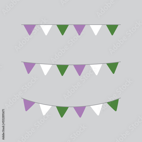 Purple, white, and green colored party bunting, as the colors of the genderqueer flag. LGBTQI concept. Flat design illustration.	
