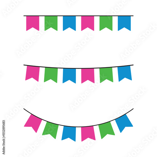 Pink, green, and blue colored party bunting, as the colors of the polysexual flag. LGBTQI concept. Flat design illustration.	