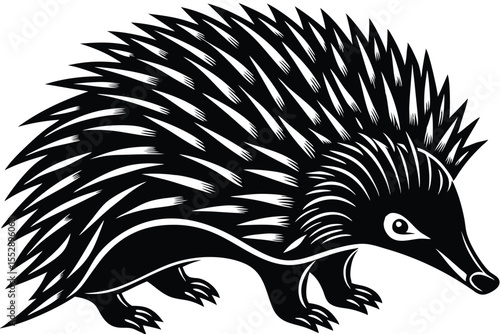 Stylized echidna walks slowly, with quills and sharp claws shown in solid black and white