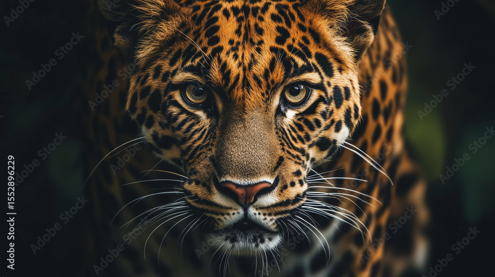 Obraz premium leopard on a black background. portrait of leopard with intense eyes.