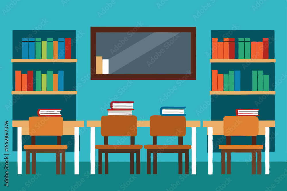 Fototapeta premium Classroom Learning Environment Books, Desks, and a Blackboard