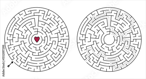 Minimalist round maze with heart in center, red black white vector logic puzzle, medium difficulty with solution, love theme