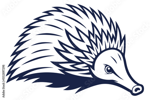 Navy echidna has spiky fur with a curved body on a white background
