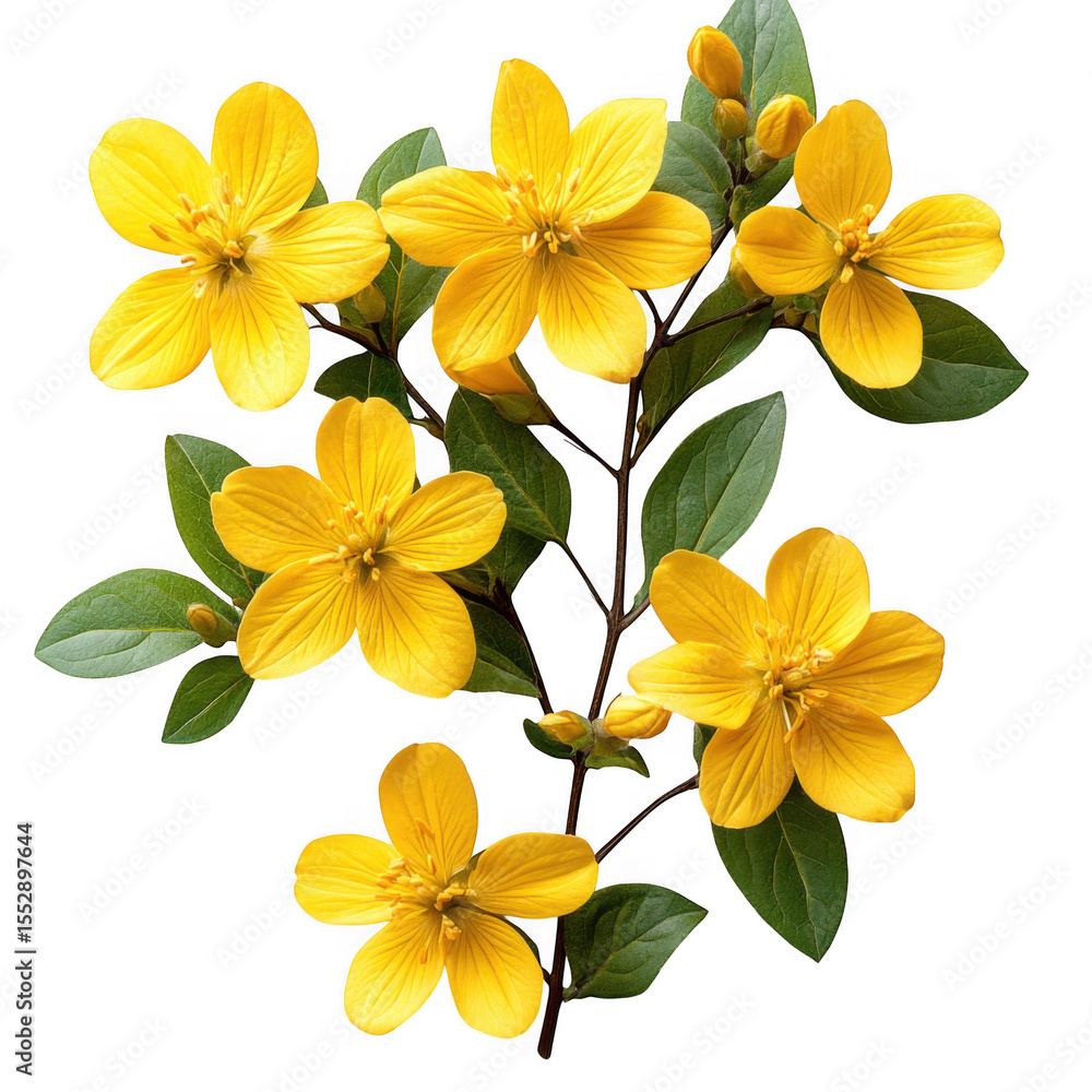 Top side closeup macro view of yellow flowers with leaves, white and transparent background Top side closeup macro view of yellow flowers with leaves, white and transparent background