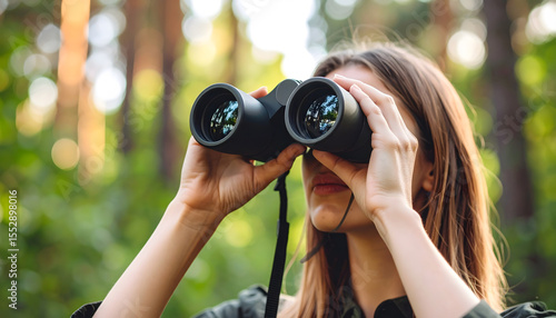 Person in background using binoculars to scan distant view.
