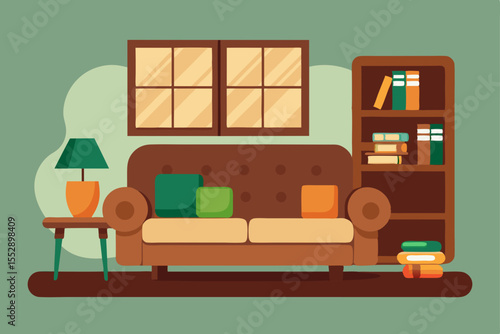 Cozy Living Room Interior Design Comfortable Sofa, Bookshelves, and Natural Light
