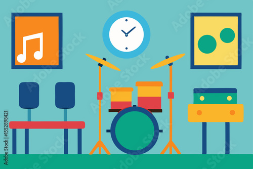 Vibrant Music Room Illustration Drum Kit, Amp, and Seating