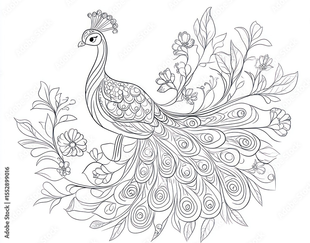 Fototapeta premium Ornate peacock illustration with floral background