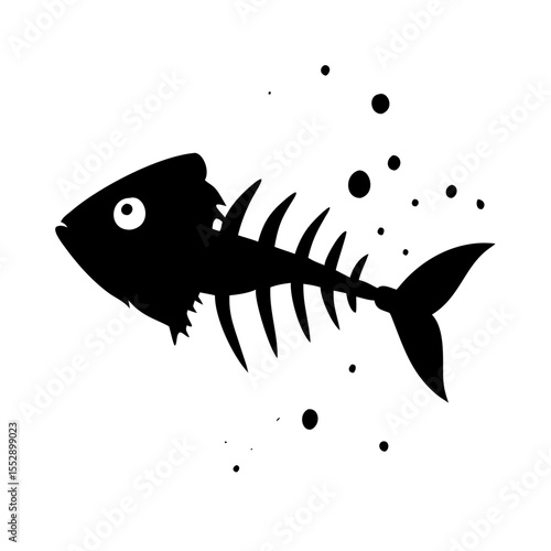 A stylized black fish skeleton with a head tail and ribs surrounded by small black dots on white background