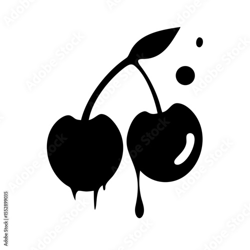 A pair of dripping cherries with a leaf and two drops in a black and white minimalist illustration