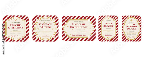 Set of white-and-red Festive Holiday Labels. Good for Christmas bakery, cookies, pastries, seasonal packaging, bakery branding, holiday gifts