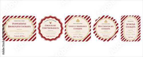 Set of white-and-red Festive Holiday Labels. Good for Christmas bakery, cookies, pastries, seasonal packaging, bakery branding, holiday gifts