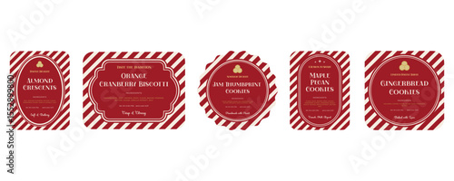 Set of red Festive Holiday Labels. Good for Christmas bakery, cookies, pastries, seasonal packaging, bakery branding, holiday gifts