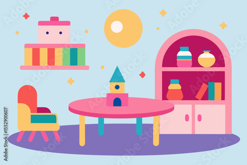 Cartoon illustration of a child's bedroom interior with a birthday cake, candles, and gifts on a table near the window