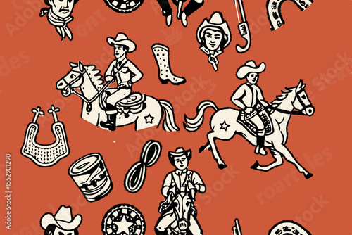 Vintage cowgirl riding and roping horses, perfect for Western-themed designs.