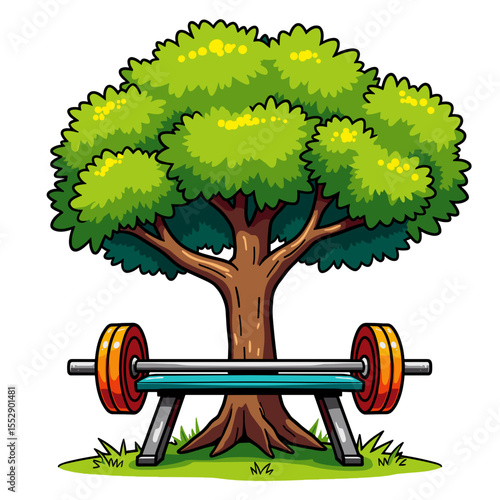 Pop art outdoor weights bench under tree, eco fitness and sustainability