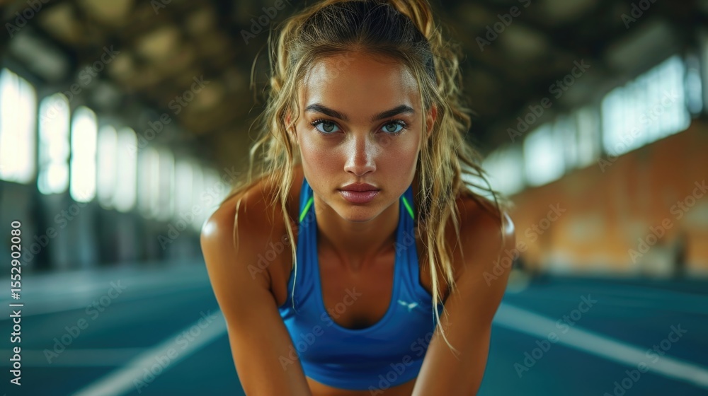 Fototapeta premium Photography of a very beautiful athlete, waiting for the start of course, on starting block, top model, in action, blurred background.