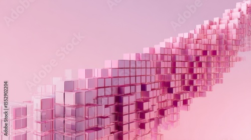 Sleek, modern arrangement of semi-transparent pink-hued cubes in a curving, ascending gradient pattern against a soft, minimalist pink background.