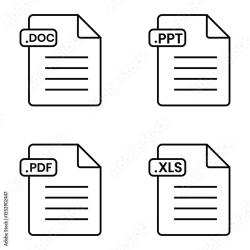 File format and extension of documents icon set. Word, pdf, ppt, excel document file icons. doc, xls, ppt, pdf file, Vector illustration. 