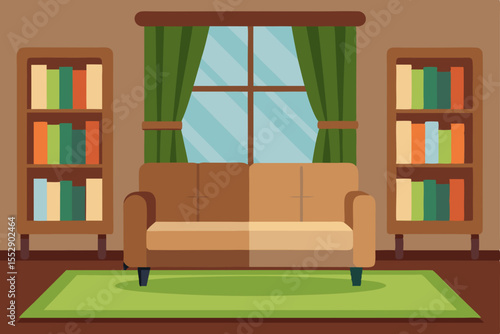Modern interior design showcases a living room with a sleek bookshelf and inviting furniture, creating a stylish and functional home office